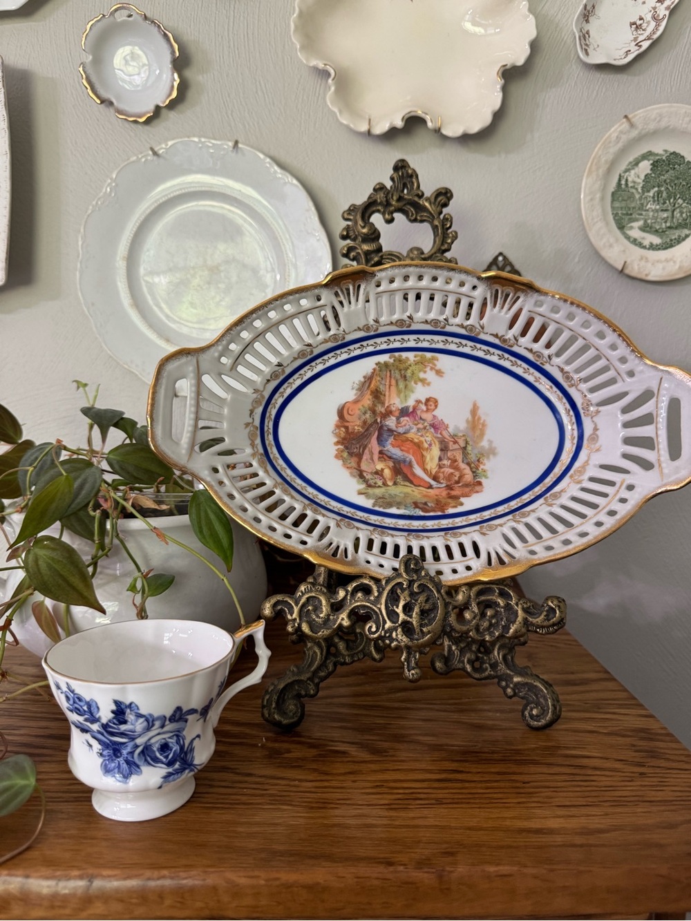 Decorative White and Gold Porcelain Centerpiece Platter with Blue Accents